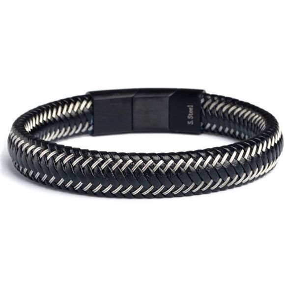 Men’s Braided Leather & Steel Adjustable Bracelet - Picture 2 of 9